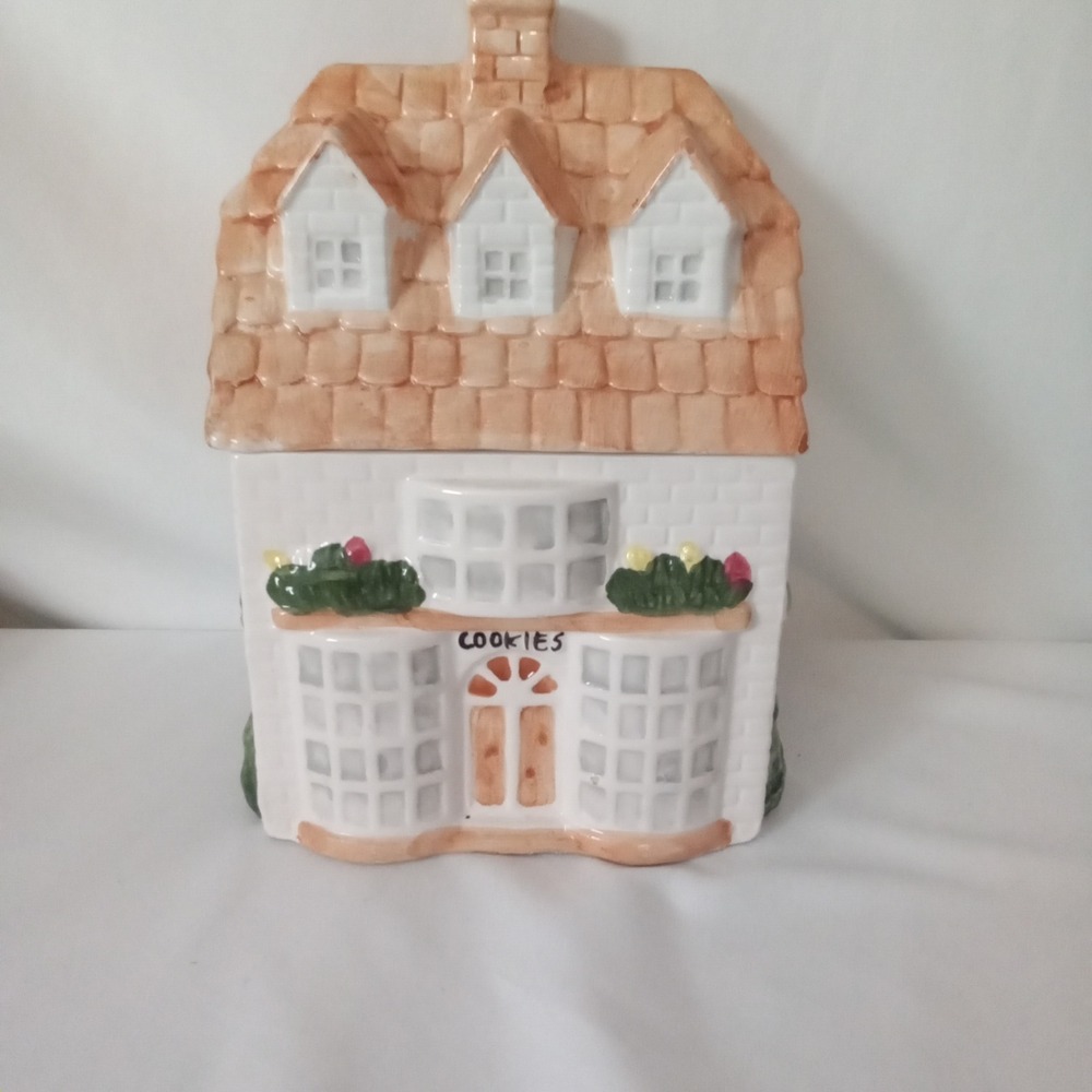 Vintage Ceramic House Cookie Jar Cottagecore White Brick Hand Painted 9.5in